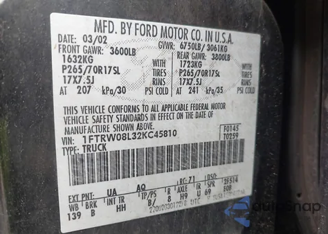 2002 Ford F-150 Lariat/Xlt from USA, damaged, VIN 1FTRW08L32KC45810